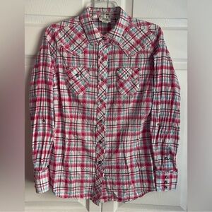 Ariat Women’s Pink Plaid Fitted Studded Western Snap Shirt Size Medium